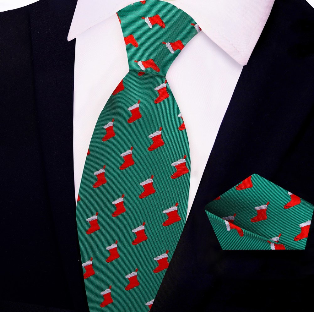 Christmas stockings pocket square displayed with a navy suit.