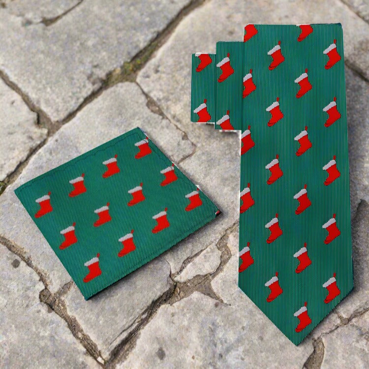 Full view of the Christmas stockings necktie and pocket square set.