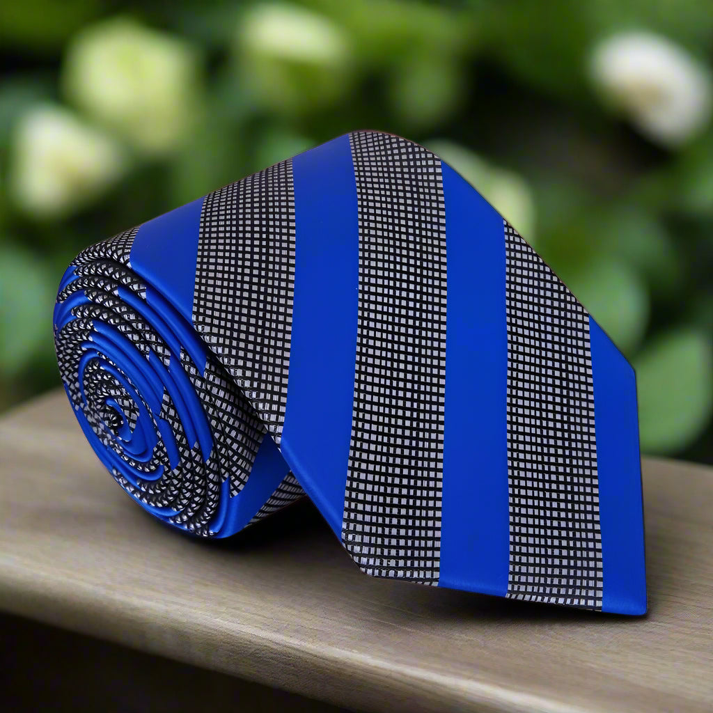 Close-up of the blue and grey striped silk necktie, showcasing its vibrant pattern.