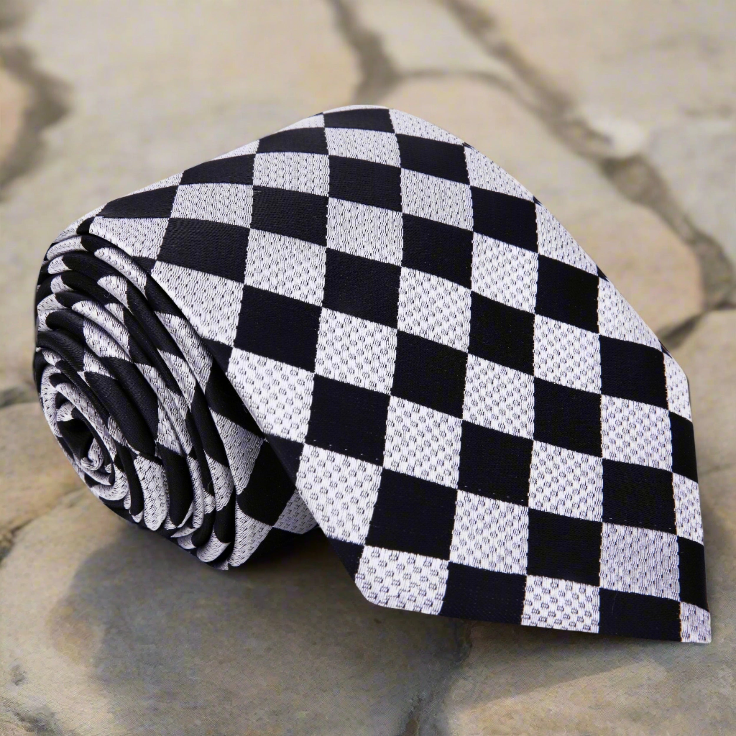 Elegant geometric silk necktie with checkerboard pattern in grey and black, suitable for weddings