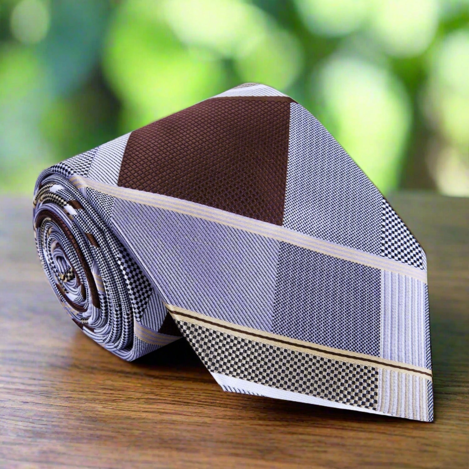 Front view of Omega geometric plaid silk tie with metallic accents