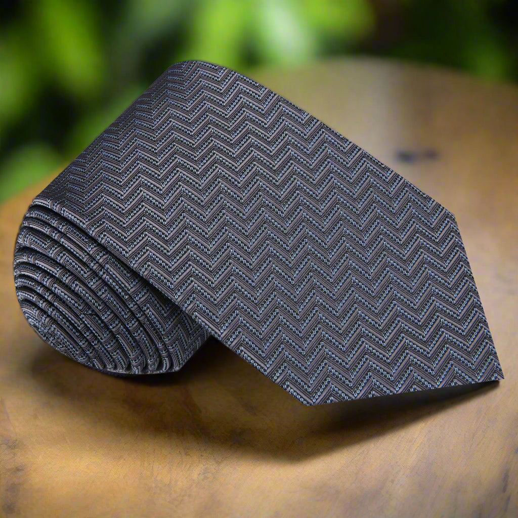 Front view of grey and blue chevron silk necktie, perfect for weddings and formal events