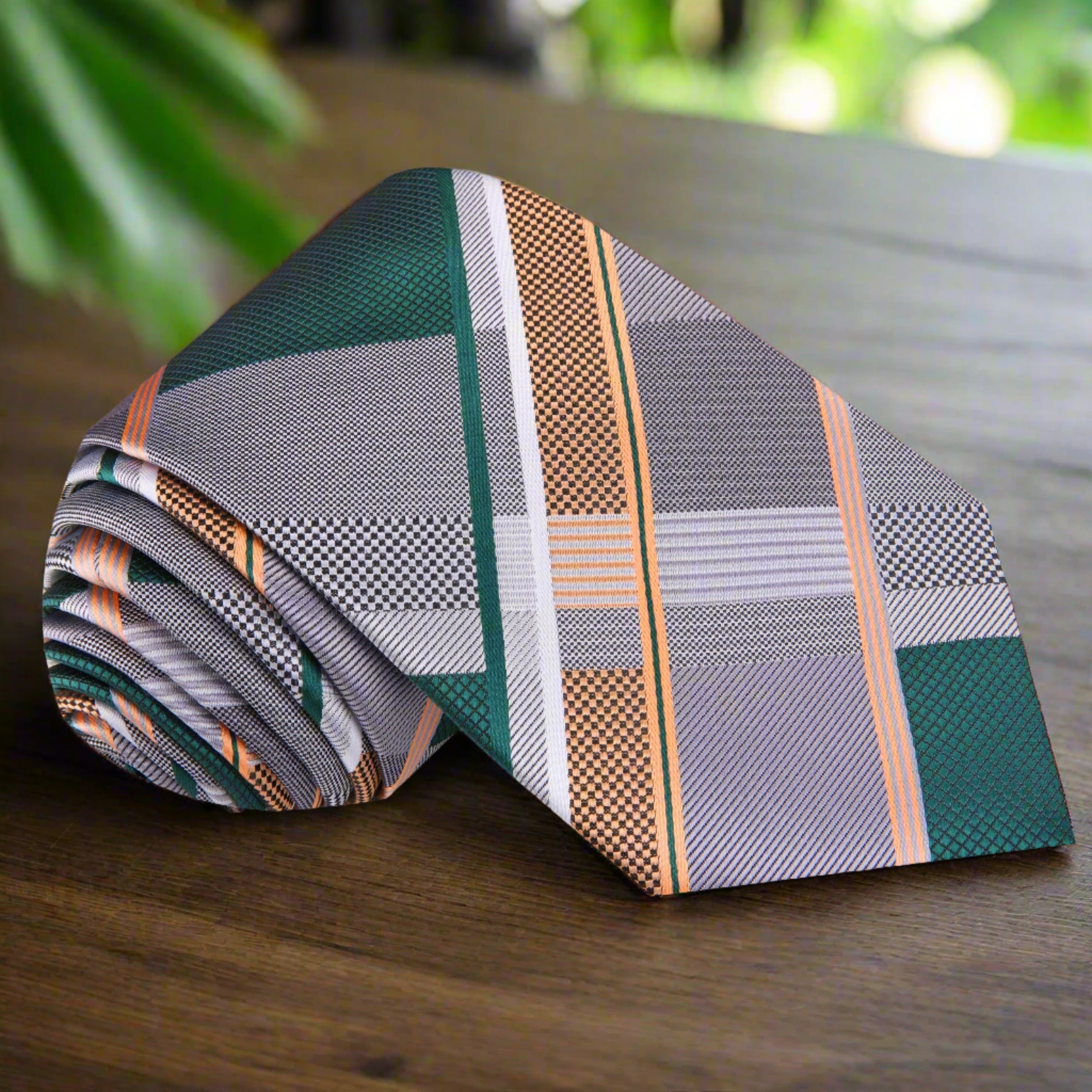 Elegant grey plaid silk necktie displayed on a wooden table, showcasing its refined pattern and silk texture.