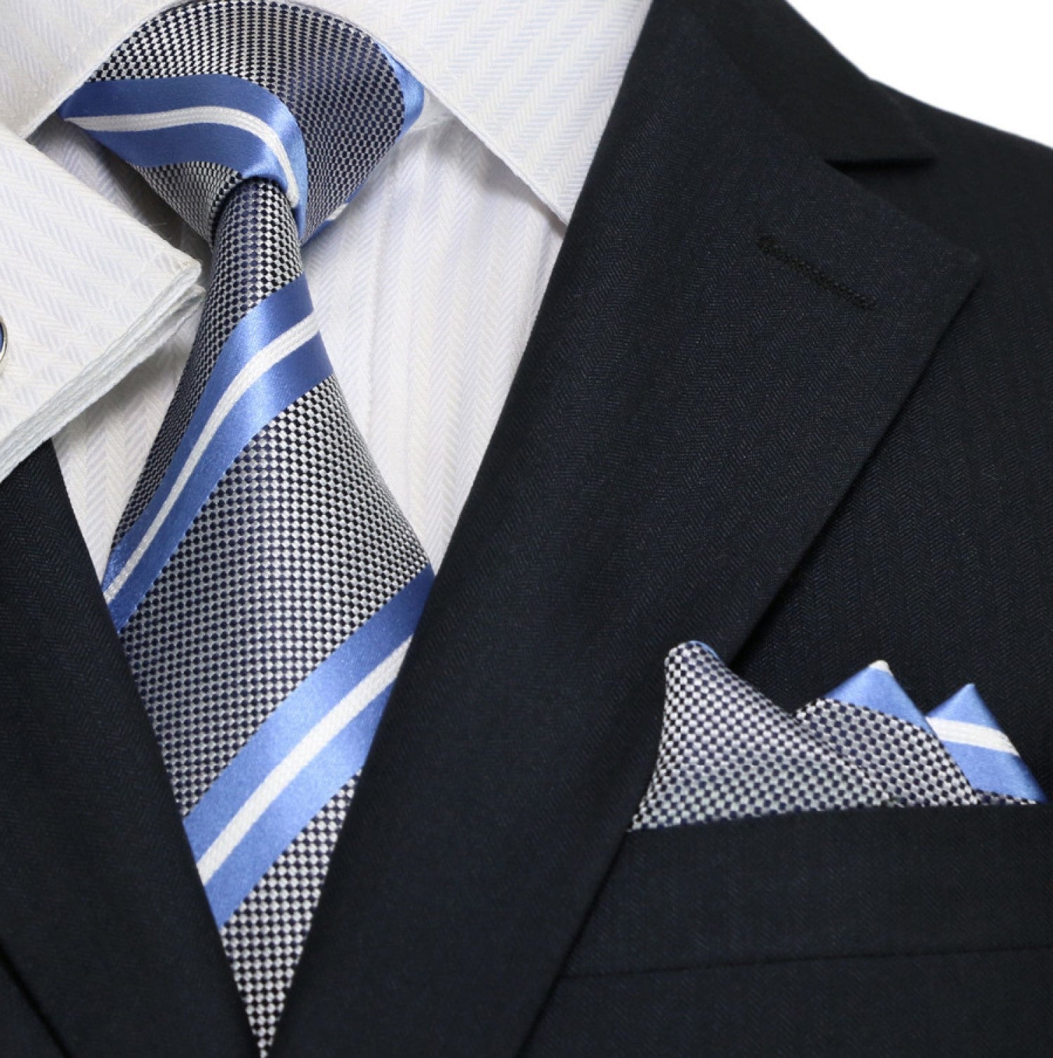 Elegant men's silk stripe tie with bold navy and white stripes, ideal for business and formal wear