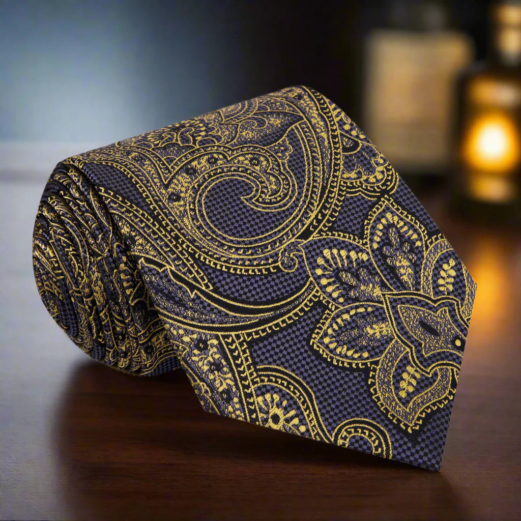 Elegant paisley silk tie in dark grey and gold with detailed pattern view