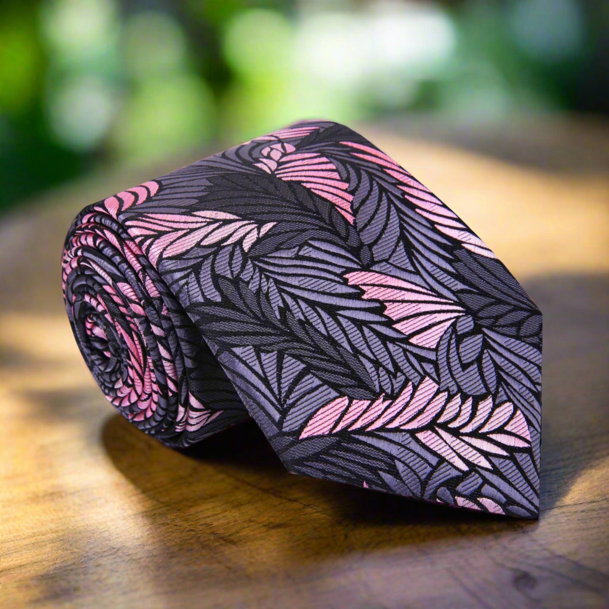 Close-up of lustrous gold geometric silk tie on a model