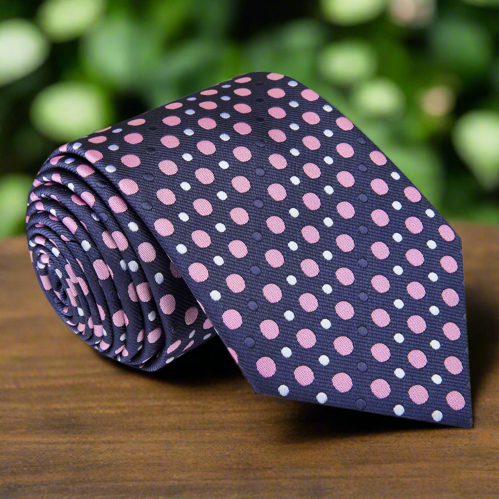 Close-up of chic polka dot silk necktie showcasing its grey color and small pink and white dots.