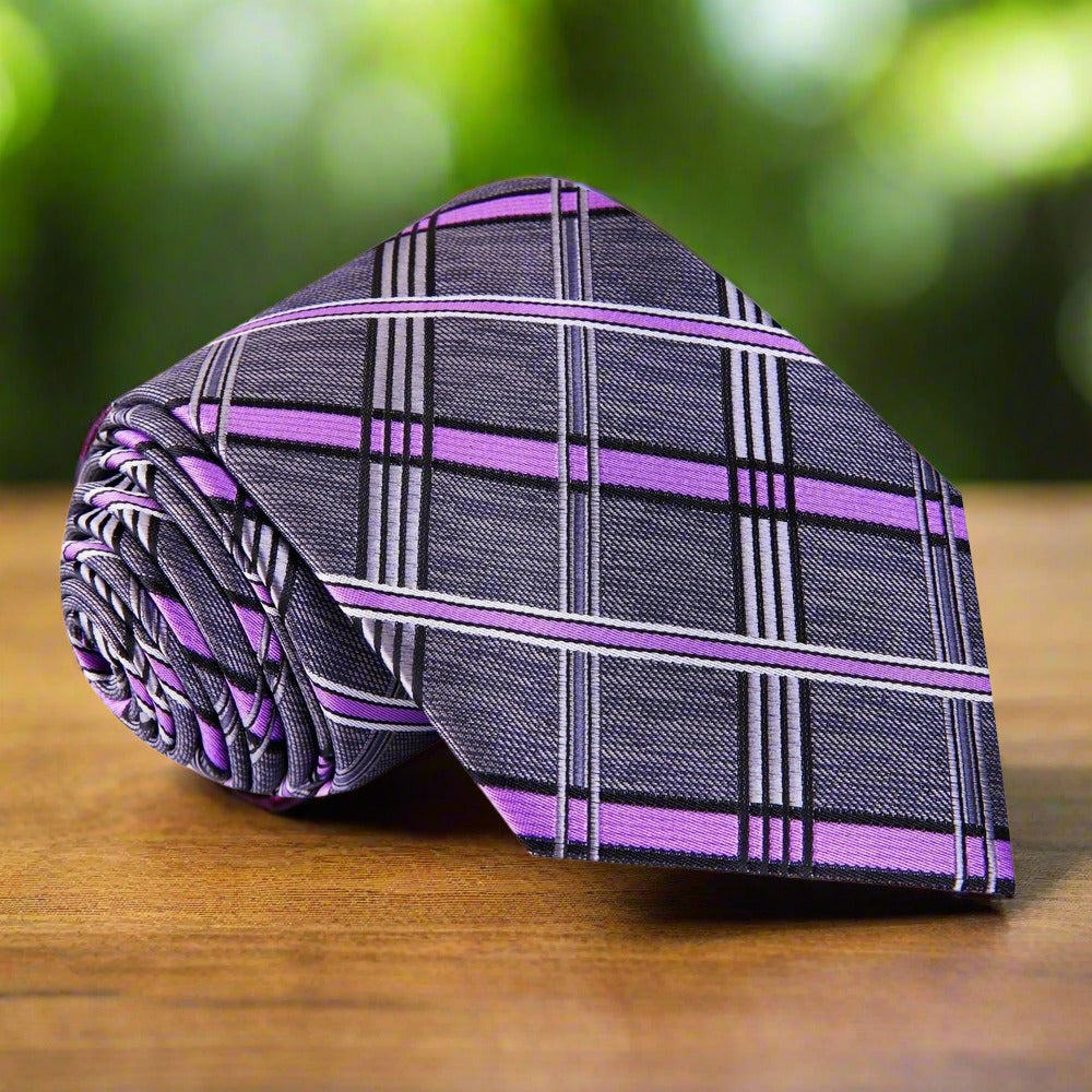 Elegant Grey and Lavender Silk Plaid Necktie displayed on a white background.