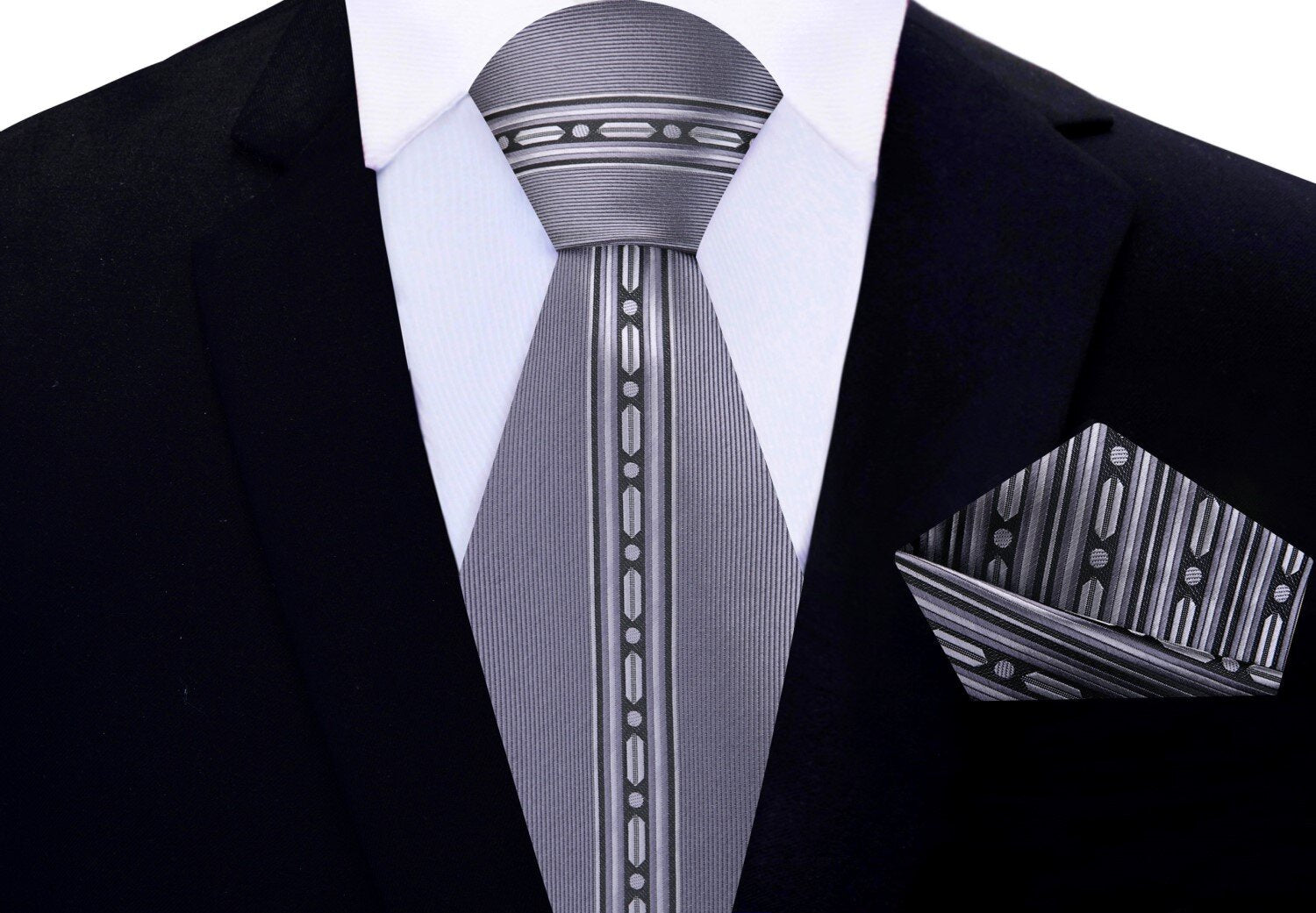 Close-up of the silk tie showing black, red, and grey linked stripe pattern—ideal for formal wear.