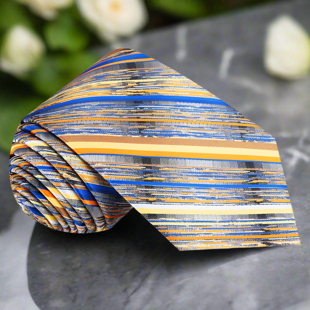 Close-up of a modern striped silk necktie with vibrant colors