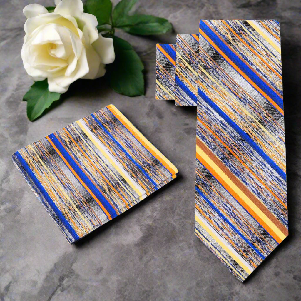 Silk necktie with grey, yellow, and blue stripes paired with a white dress shirt