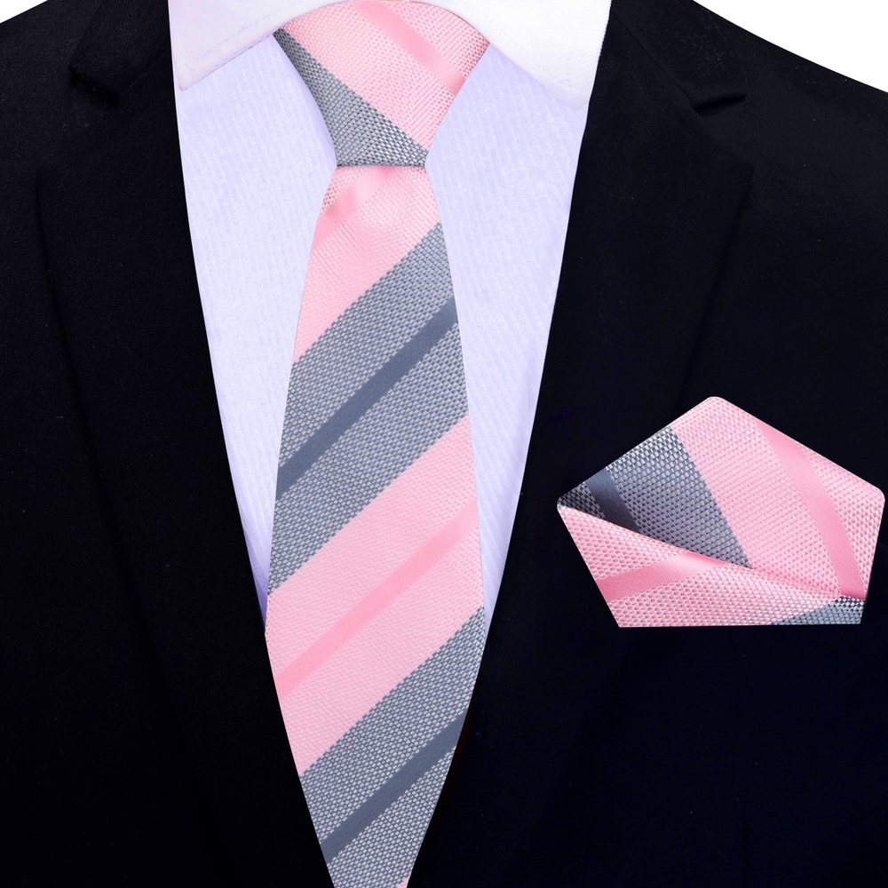 Modern 2.5-inch Pink and Grey Striped Silk Necktie shown with a matching pocket square.