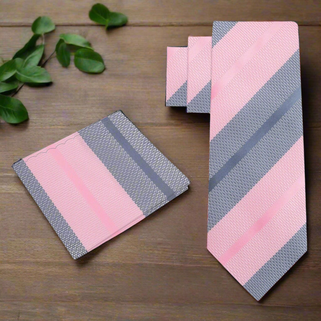 Elegant Pink and Grey Striped Silk Necktie displayed on a crisp white shirt.
