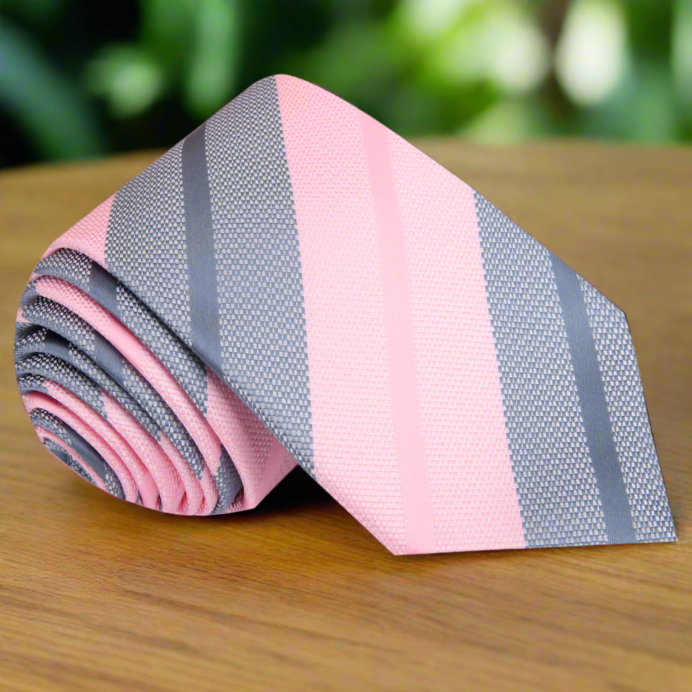 Front view of pink and grey silk necktie with stripe pattern, perfect for weddings