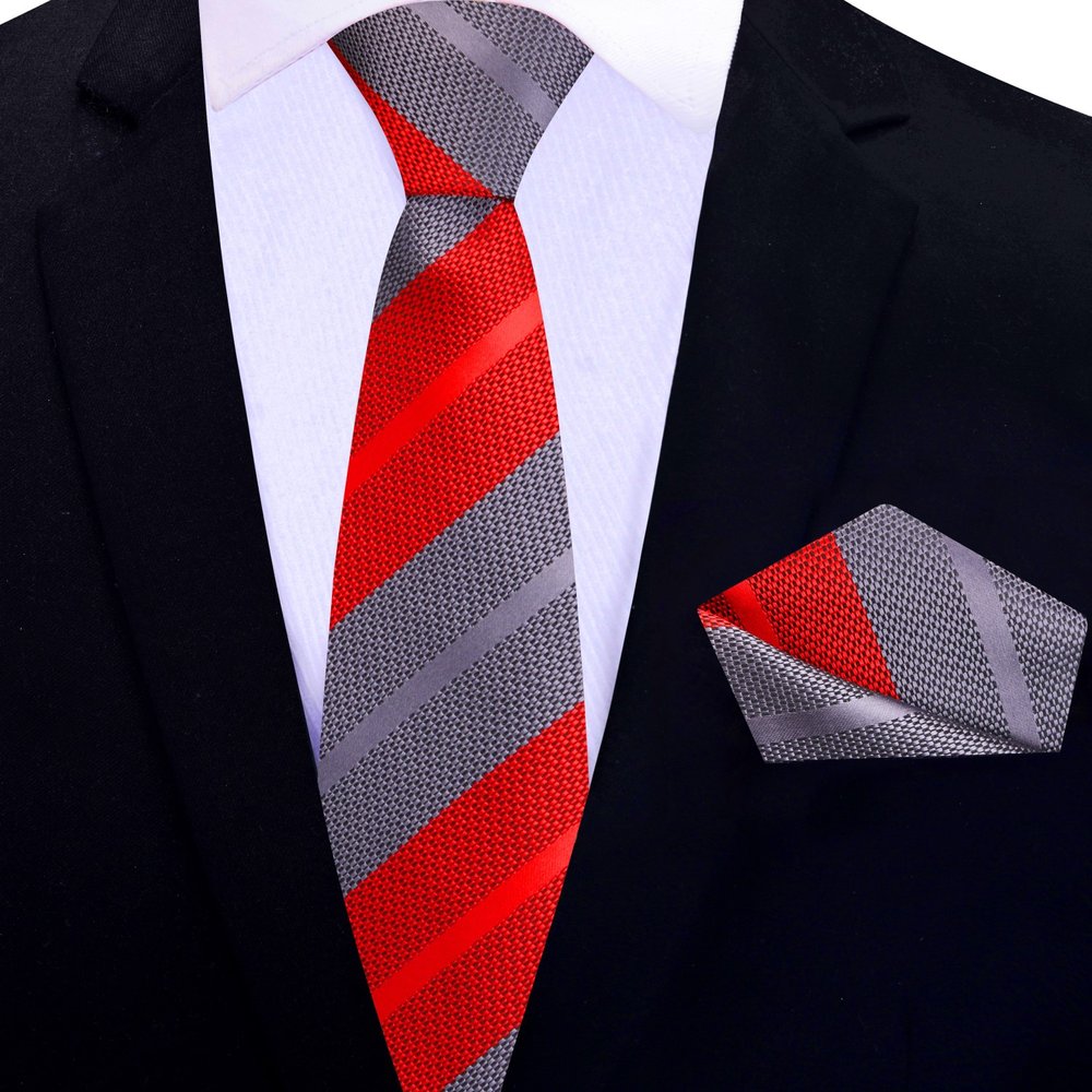 Modern 2.5-inch Pink and Grey Striped Silk Necktie shown with a matching pocket square.