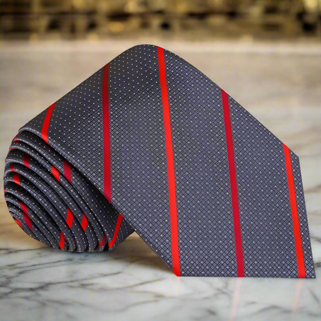 Close-up of Guardian Stripe Silk Tie showing bold red stripes on grey background