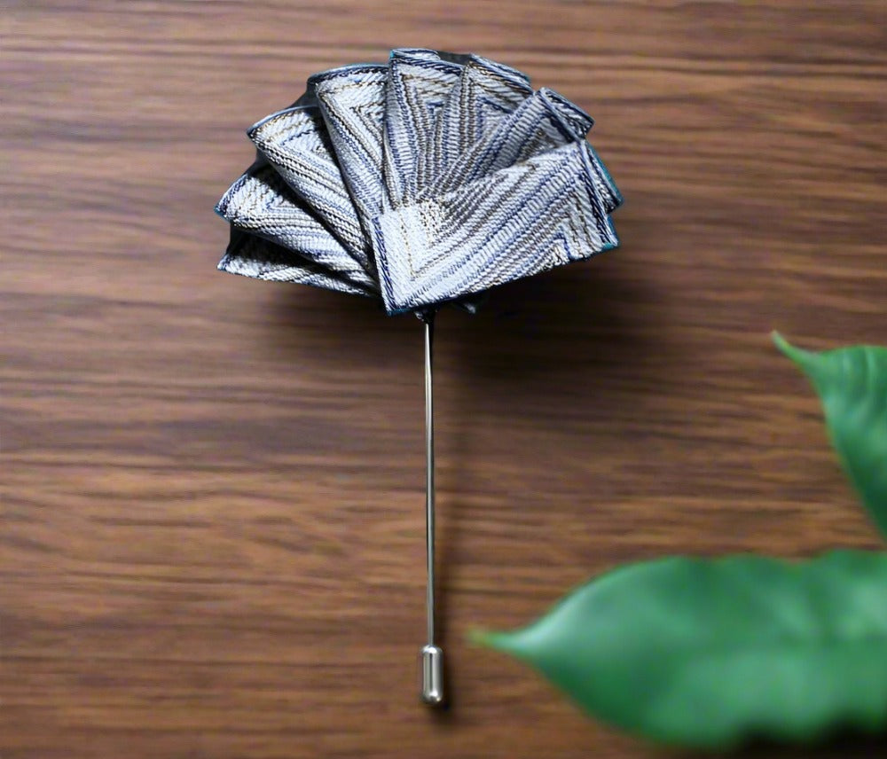 Close-up of the luxury lapel pin made from zinc alloy, complementing the pocket square.