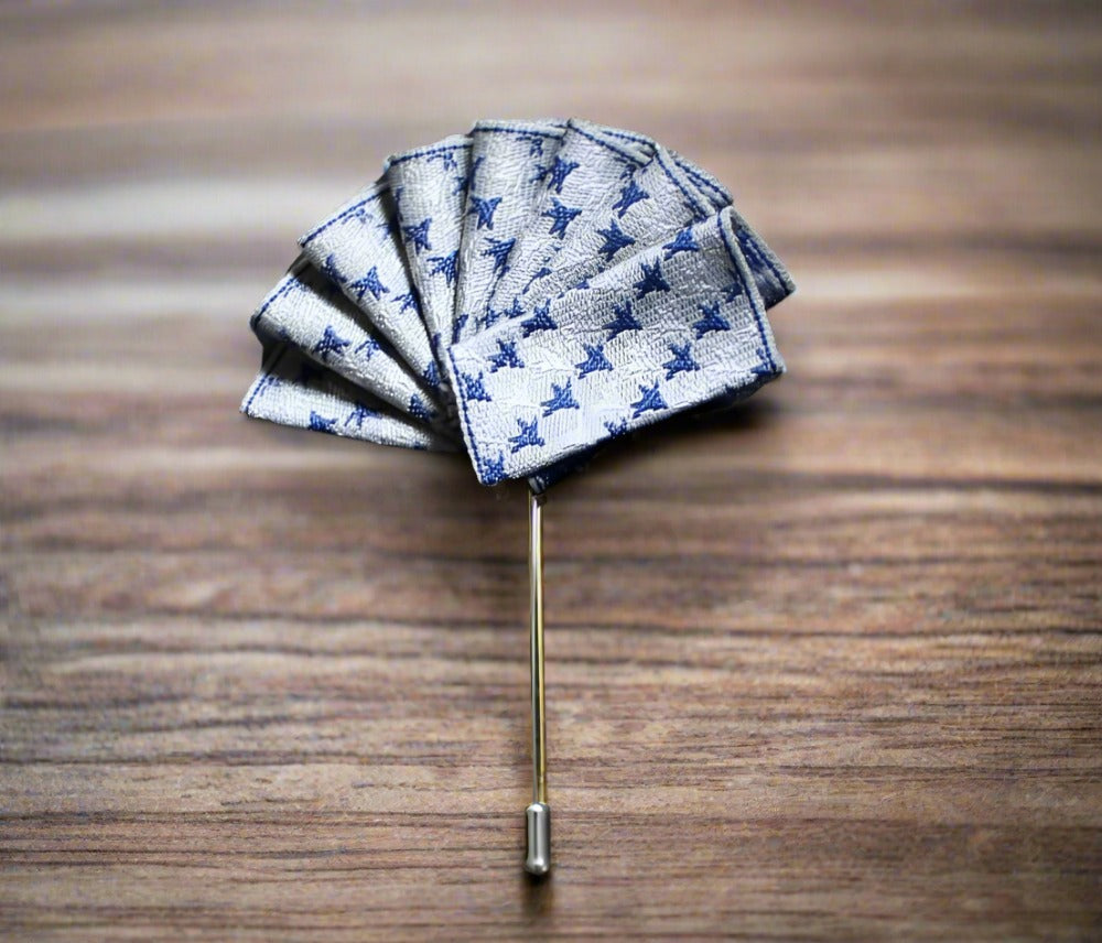 Close-up of the luxury lapel pin made from zinc alloy, complementing the pocket square.