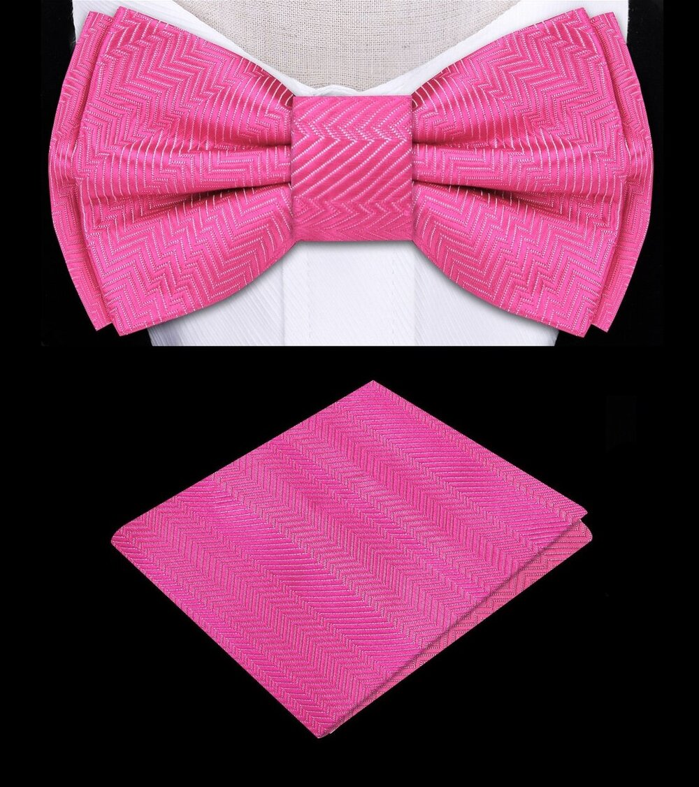 Front view of kids pink bow tie with matching pocket square for boys, ideal for special occasions