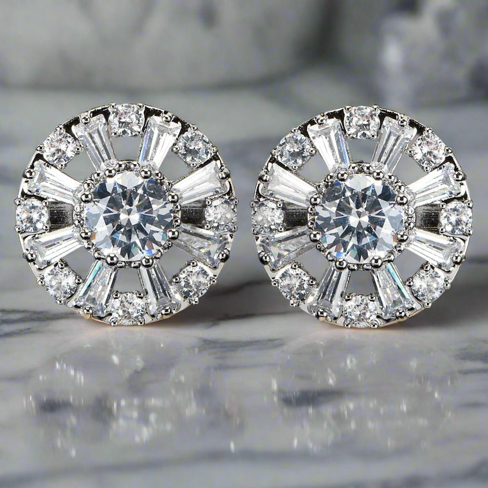 Chrome circle cufflinks with clear stone - ideal for formal occasions.