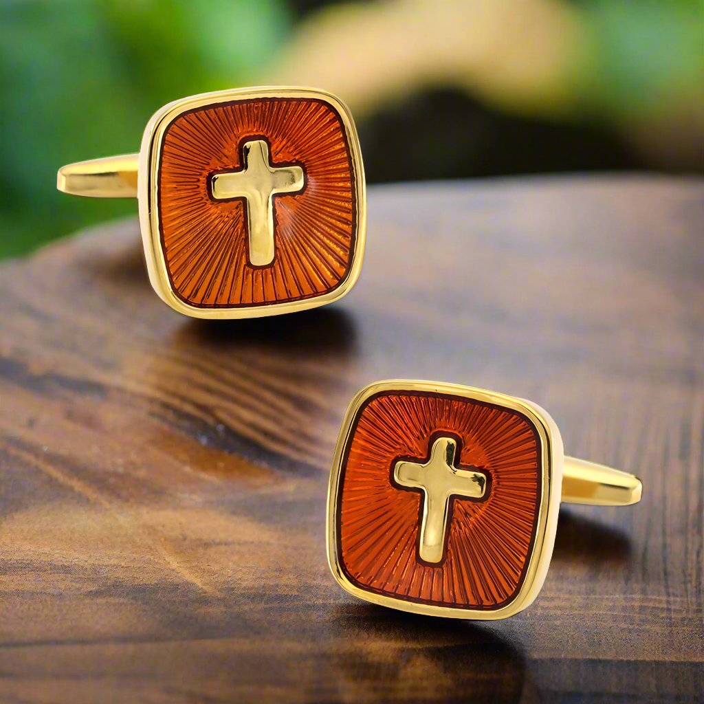 Close-up view of Crucifix Elegance Cufflinks showcasing the intricate design and polished finish.