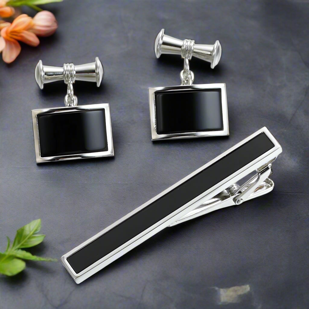 Elegant men's cuff links in chrome and black with modern design