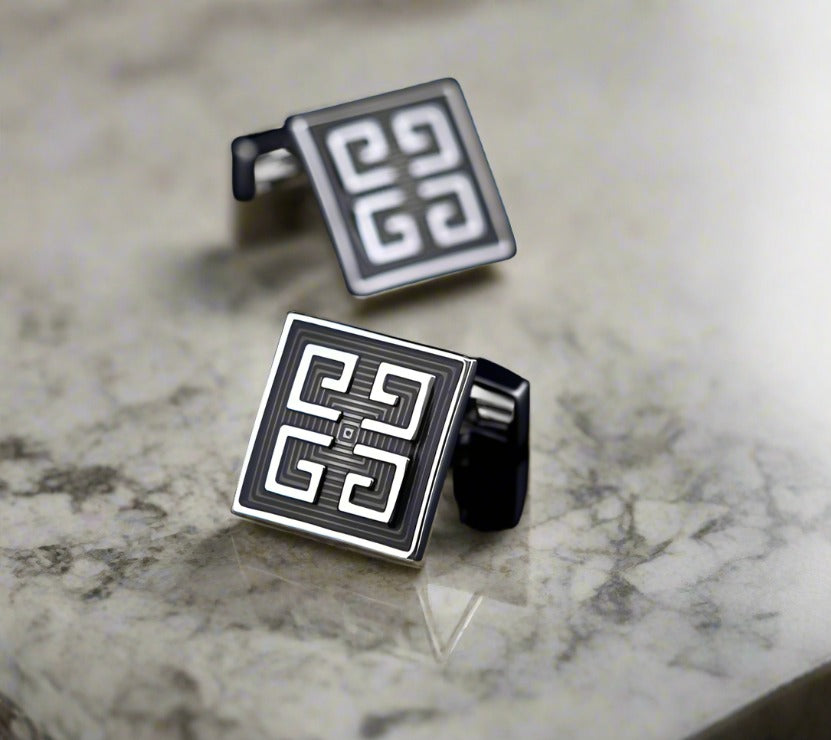 Black geometric cufflinks with zinc alloy finish, stylish men's jewelry accessory