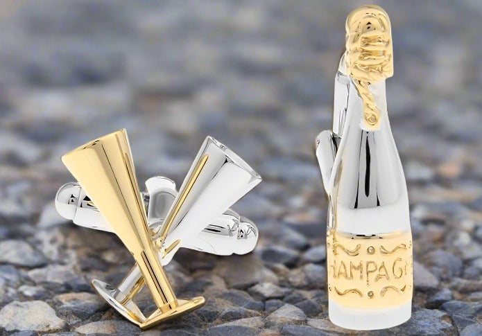 Champagne Elegance Cufflinks featuring a playful champagne bottle and glasses design, perfect for formal events.