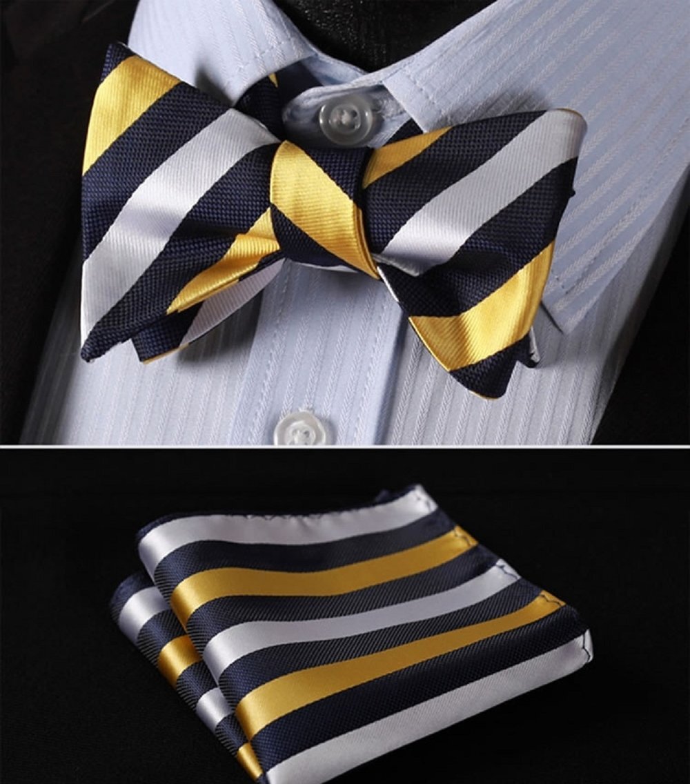 Close-up of kids striped bow tie and pocket square set for formal occasions