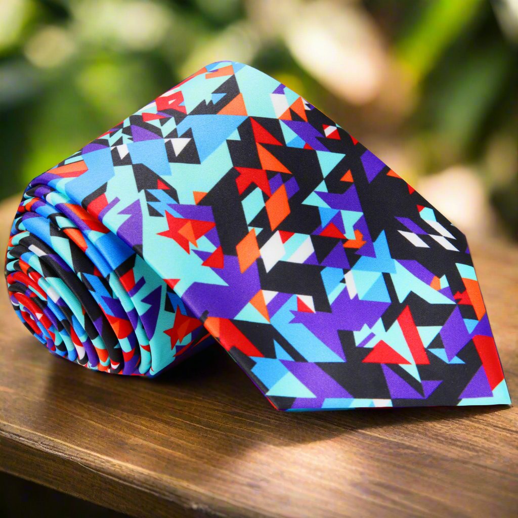 Close-up of vibrant digital pixel silk necktie showcasing blue, red, and purple colors.