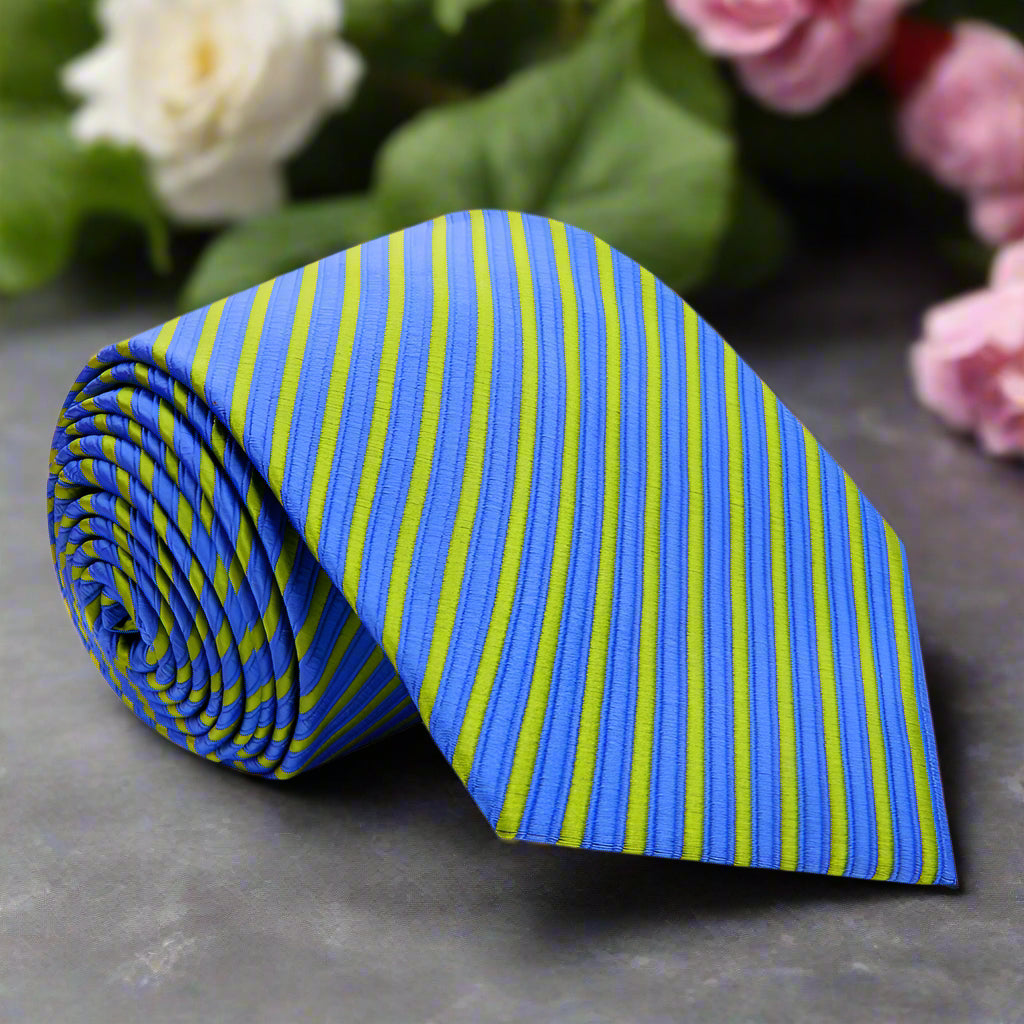 Elegant silk necktie in green and blue stripes suitable for weddings and business meetings