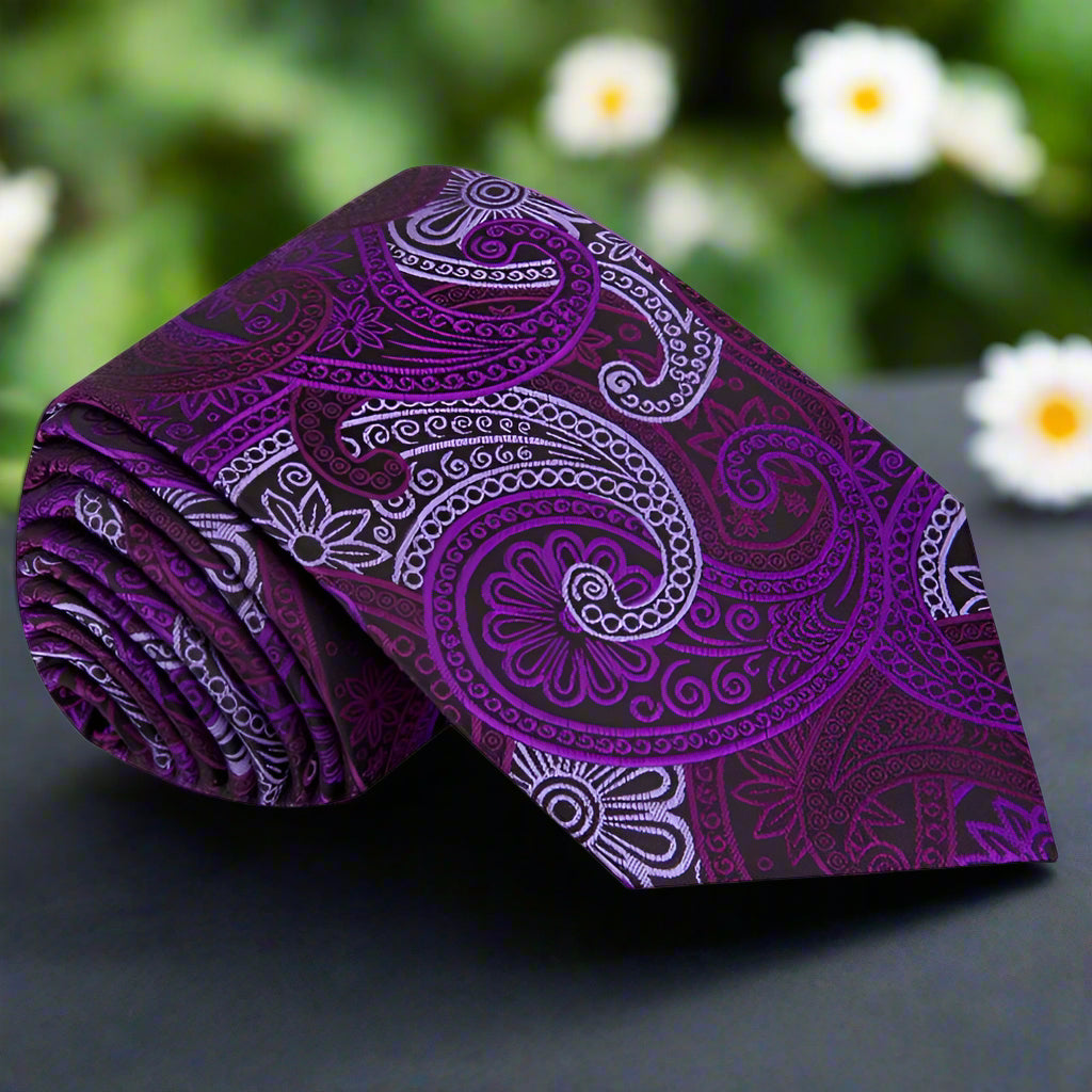 Close-up of vibrant silk paisley necktie with a black and gold pattern, perfect for formal events.