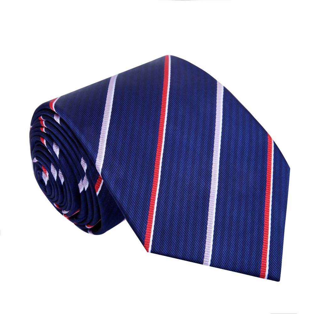 Close-up of the luxurious silk texture of the grey necktie with blue accents