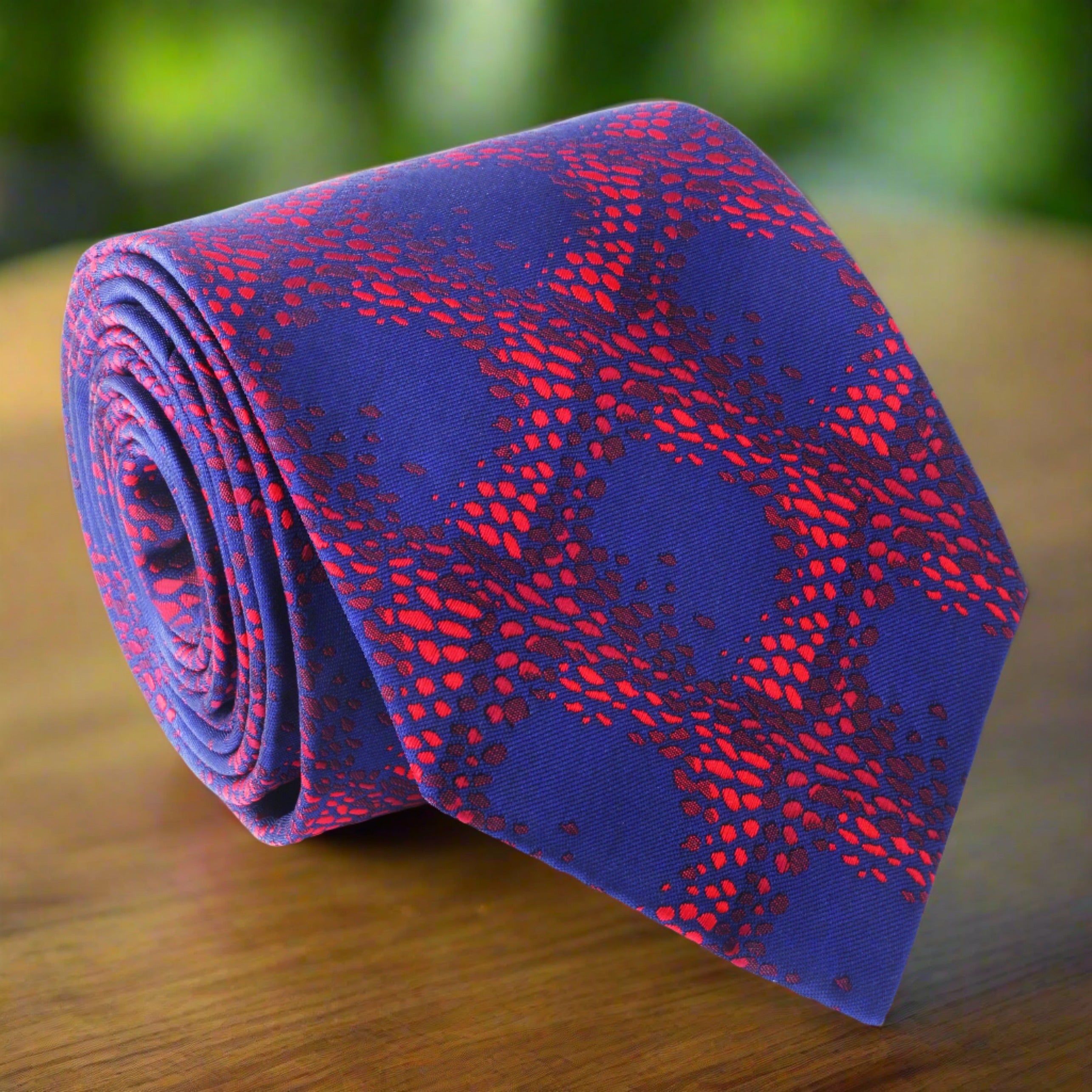 Close-up of red and blue silk tie with abstract melting cubes pattern, ideal for formal occasions
