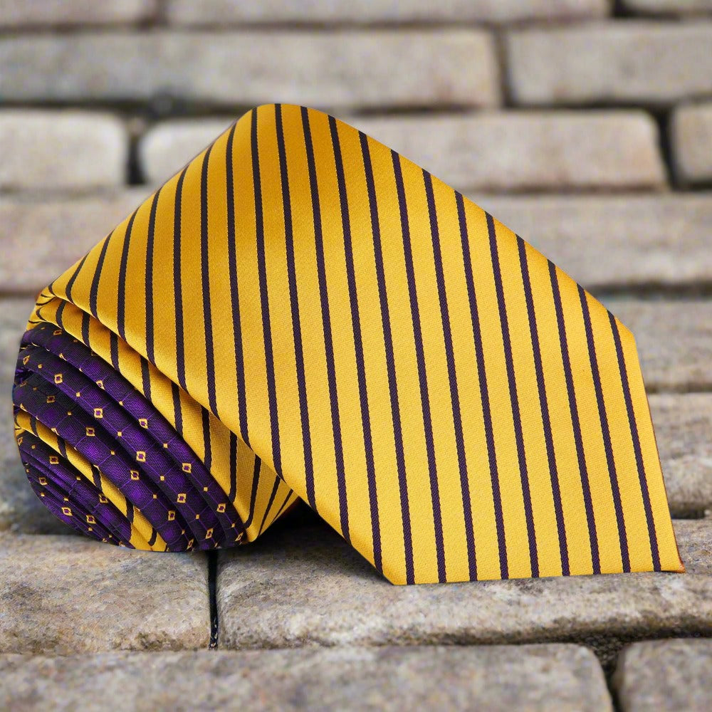 Stylish striped silk tie in yellow and purple for weddings