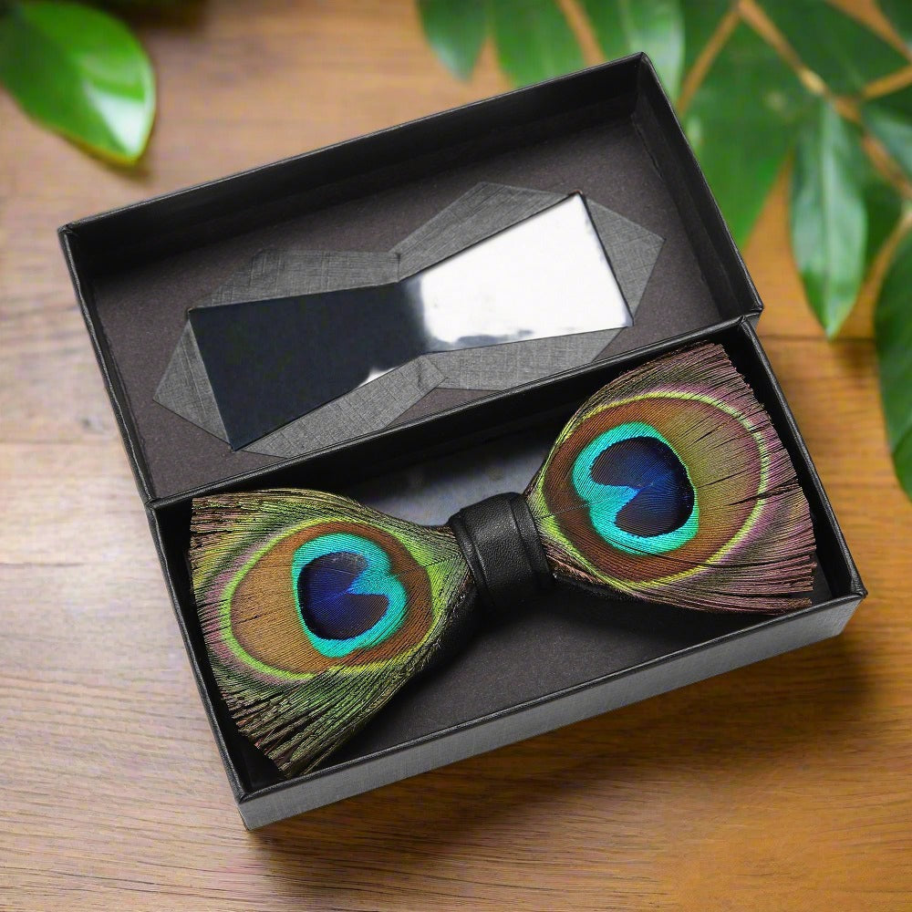 Front view of silk pre-tied feather bow tie showing intricate green-brown plumage