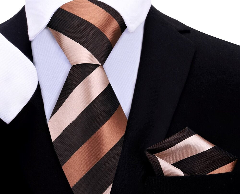 Front view of silk tie for kids with matching pocket square, showcasing brown and light brown stripes.