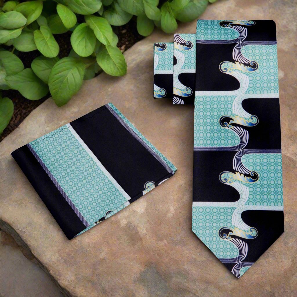 Tie and pocket square set displayed in gift packaging—perfect for evening weddings