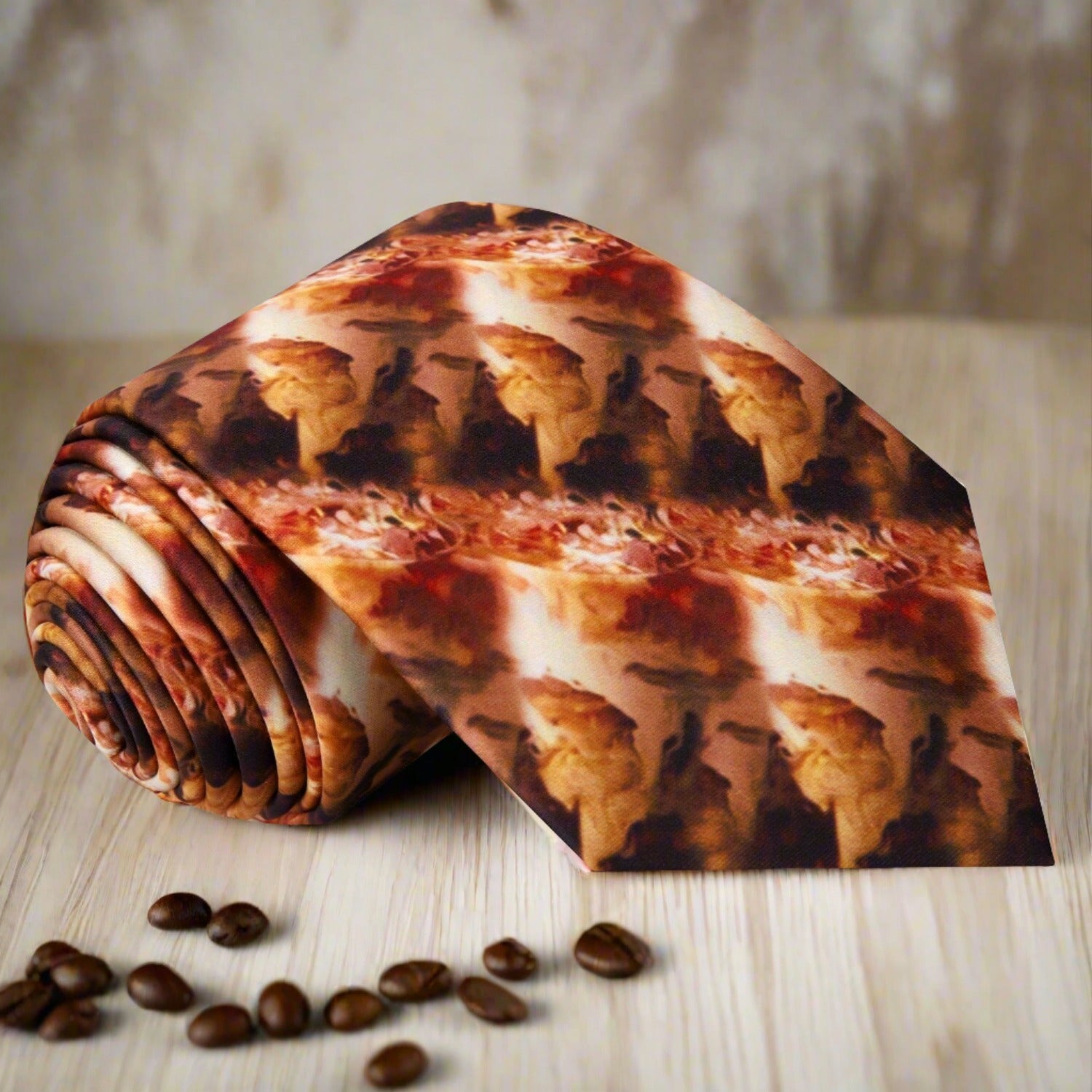 Silk necktie with coffee-themed pattern, ideal for casual or business wear