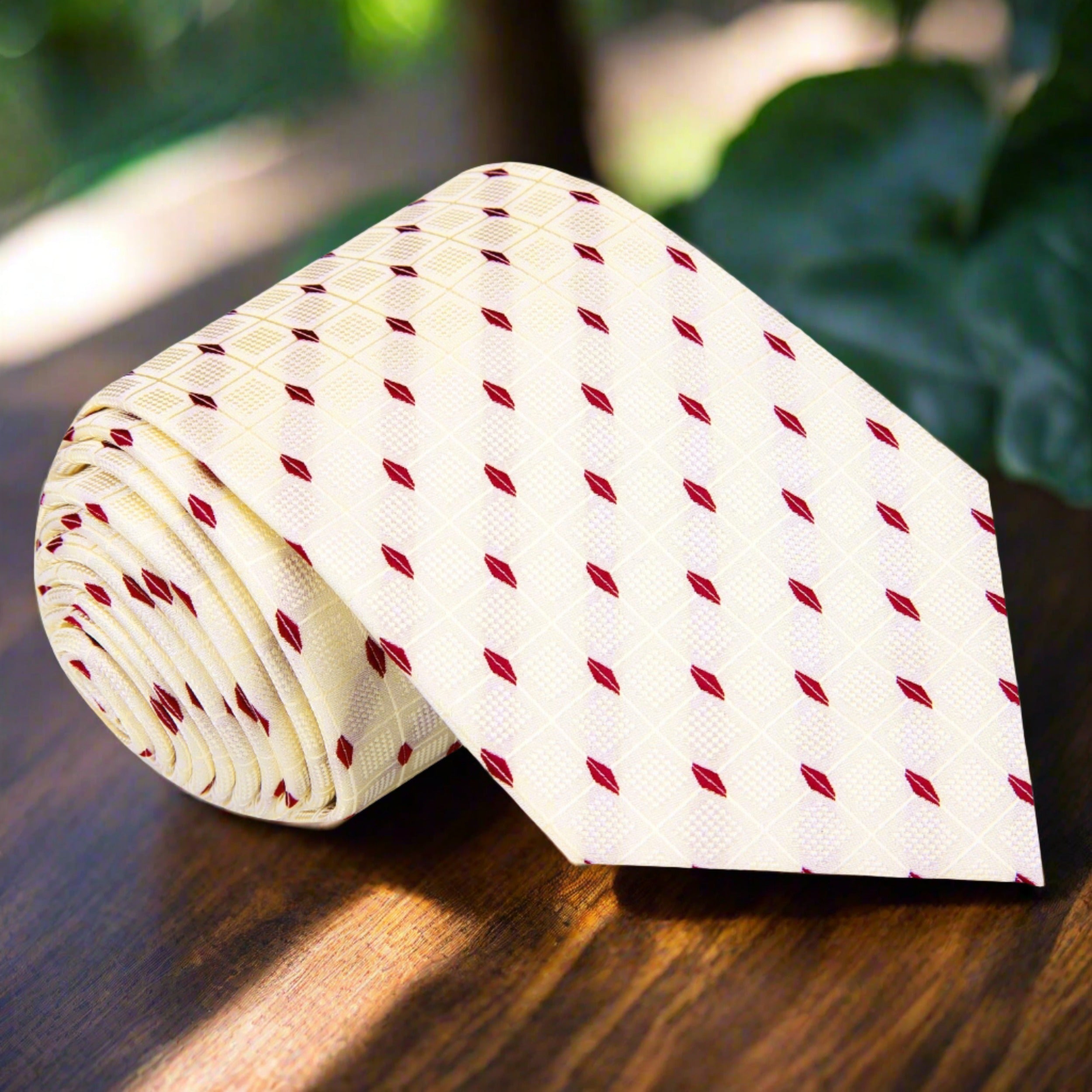 Elegant rose gold and deep red geometric tie displayed on a crisp white dress shirt