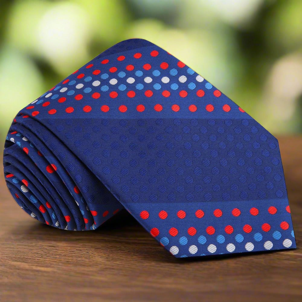 Front view of stylish polka dot silk tie in red and blue for men