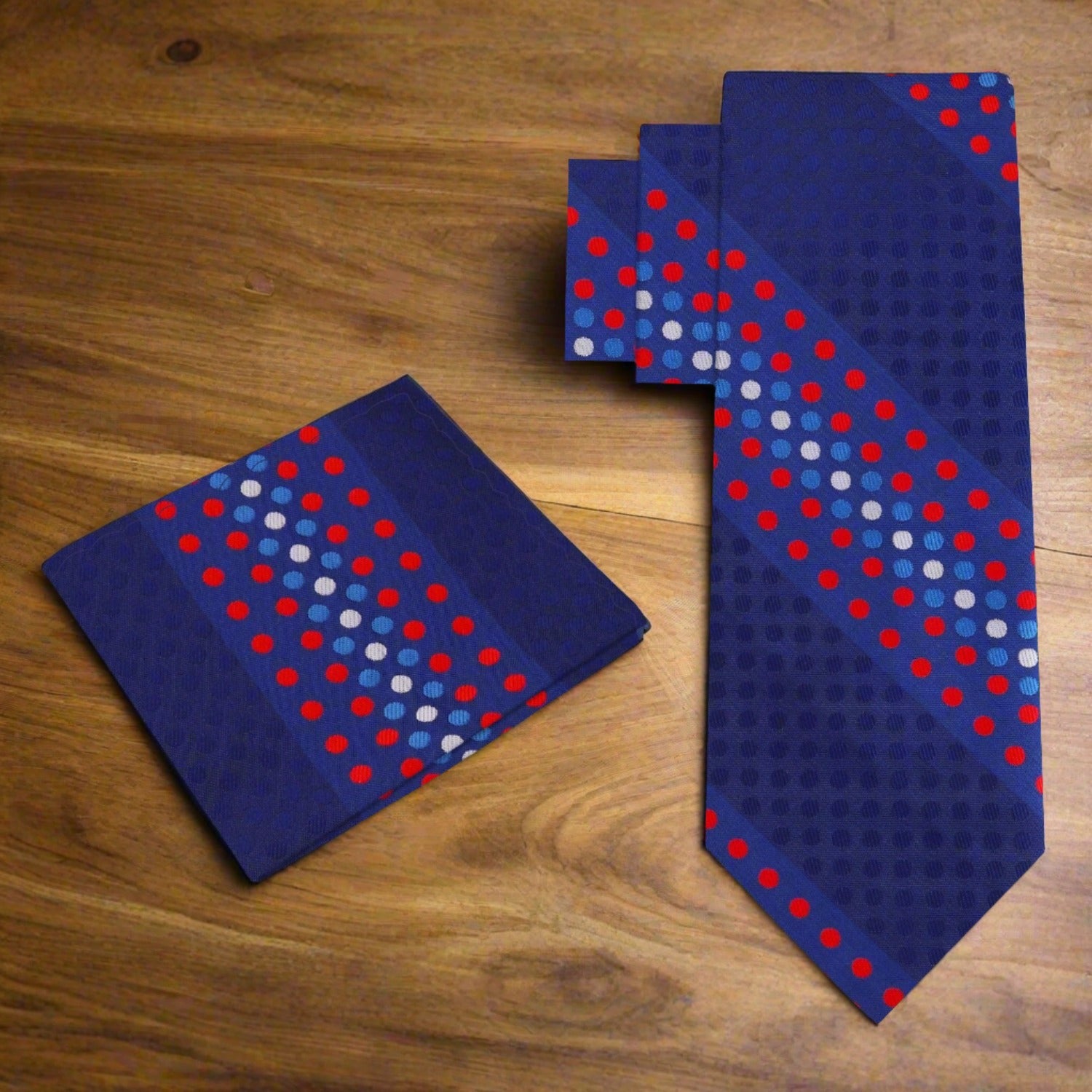 Close-up of the polka dot pattern and luxurious silk fabric