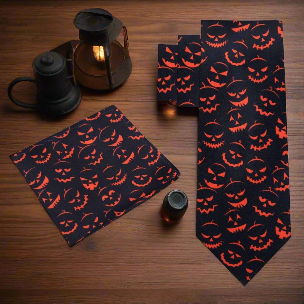 Model wearing a jack-o-lantern necktie at a Halloween party, complementing a navy suit.