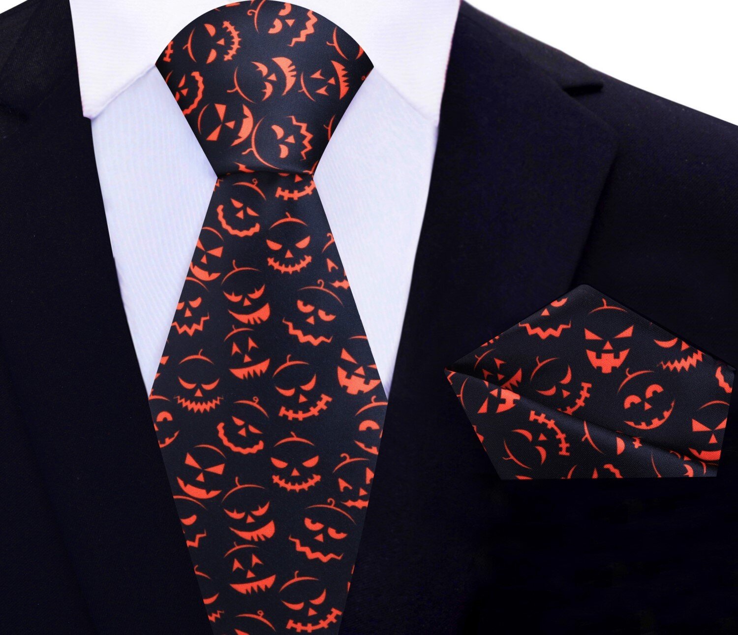 Close-up of the jack-o-lantern tie showcasing its intricate silk fabric.