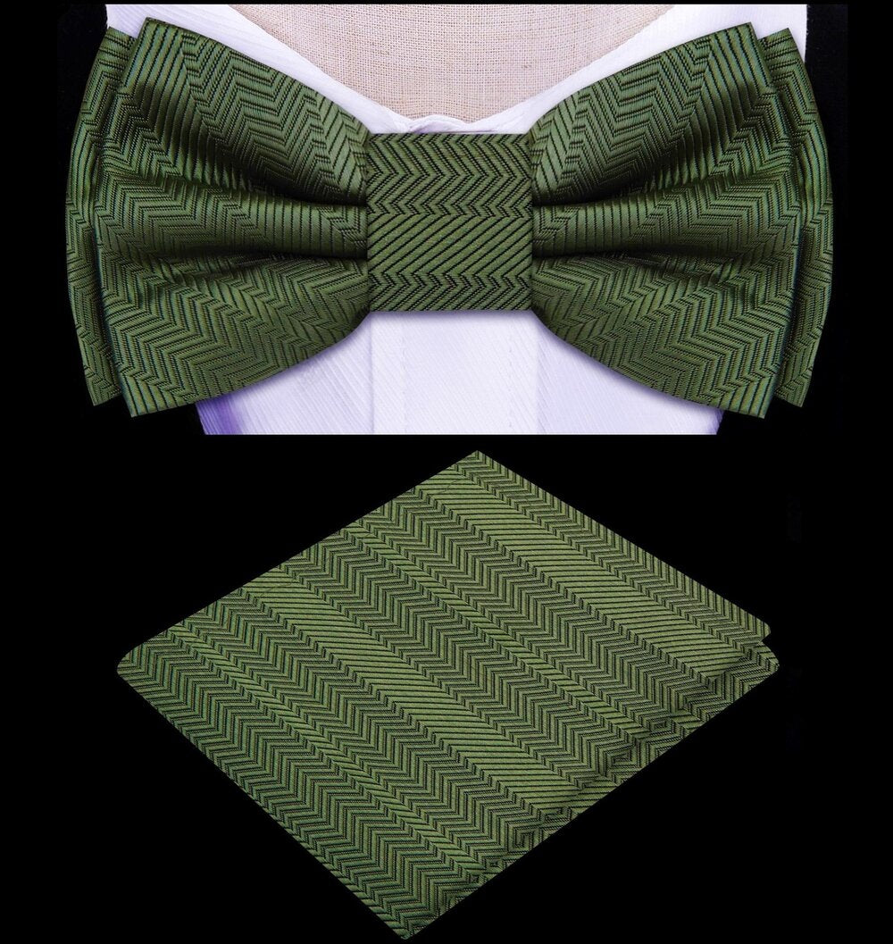 Close-up of a kids juniper green bow tie and pocket square set for formal wear