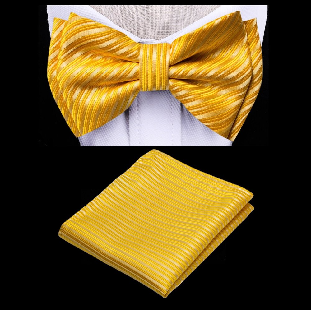 Close-up of kids yellow stripe pre-tied bow tie and pocket square for weddings