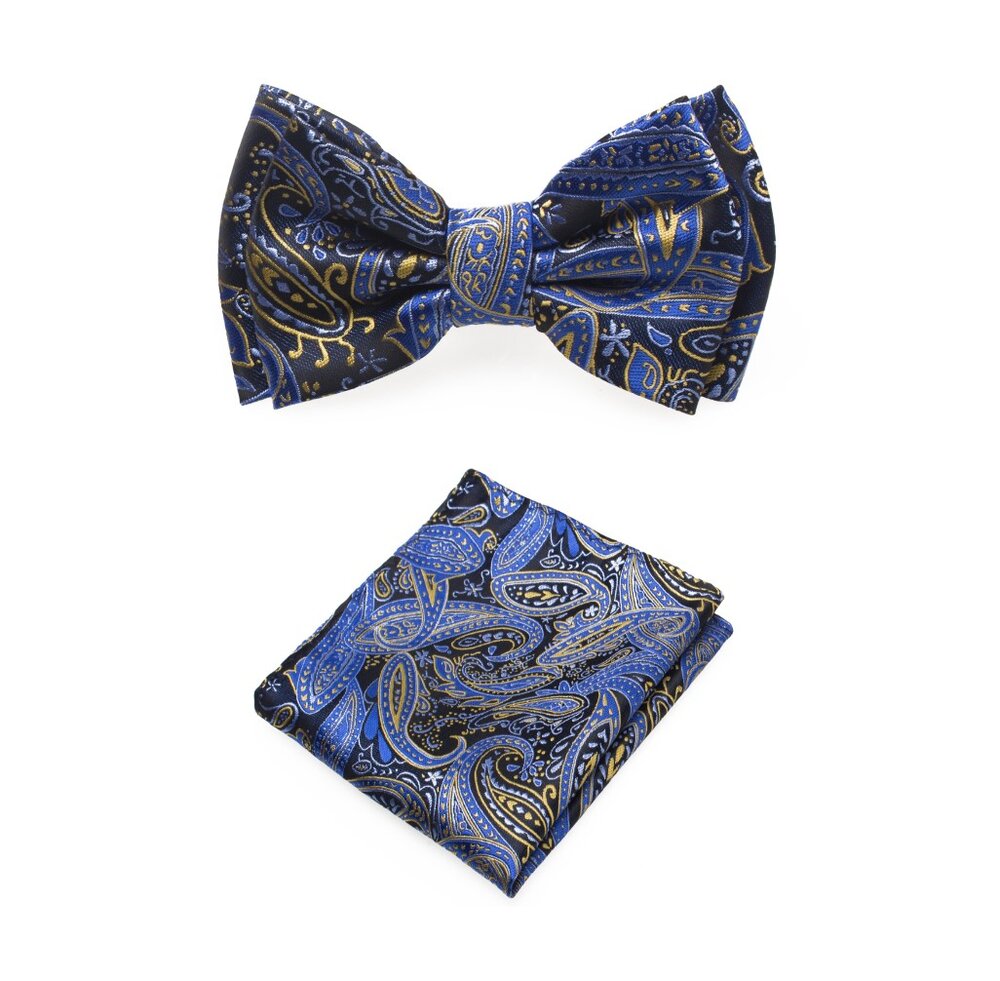 Charming kids bow tie set in black and blue paisley pattern, perfect for special occasions.