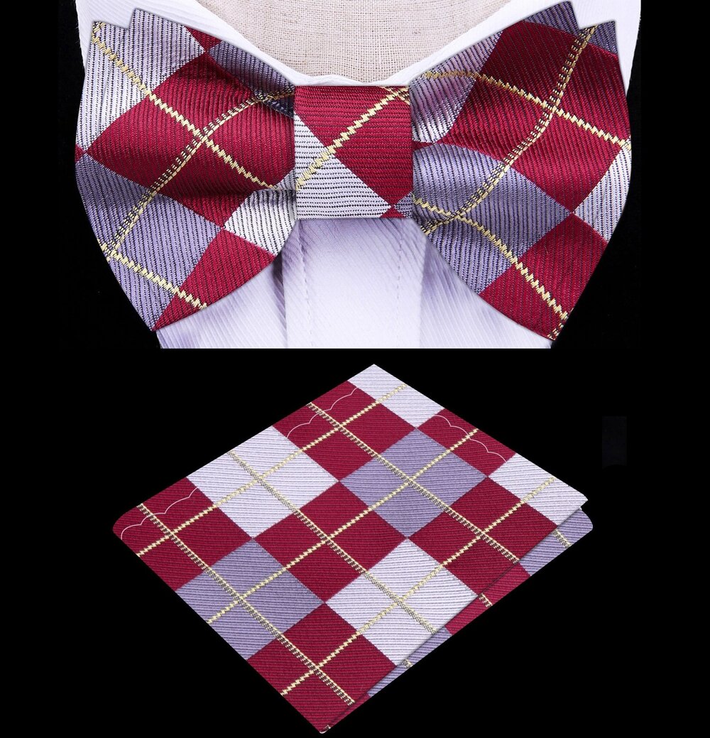 Stylish pocket square accompanying the argyle bow tie, showcasing its matching colors.
