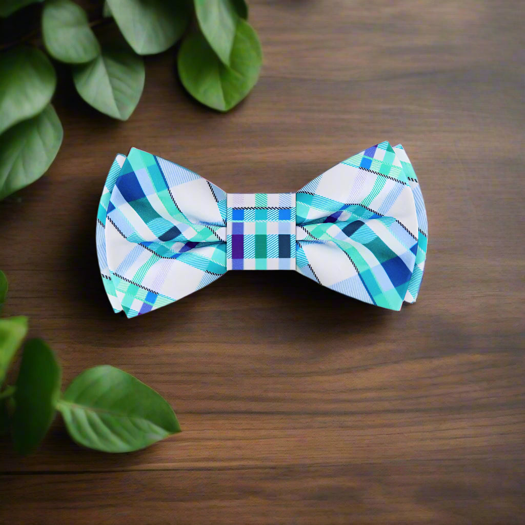 Elegant white plaid bow tie showcasing vibrant colors suitable for formal occasions.
