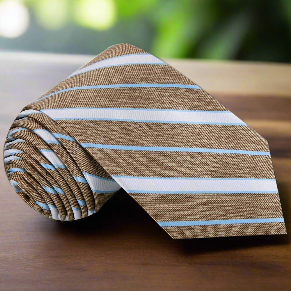Elegant striped silk necktie displayed on a white dress shirt, showcasing its rich colors and fine details.